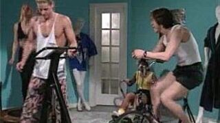 Guy drilling two sexy chicks in gym porn video